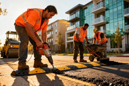 Montaż progów zwalniających na drodze wewnętrznej – co mówią przepisy? Krok po kroku
