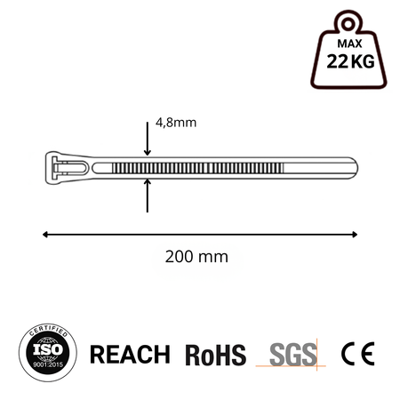 Opaski zaciskowe Opaski Kablowe WIELOKROTNEGO użytku Tretytka UV 4,8 x 200 mm, pomarańczowy