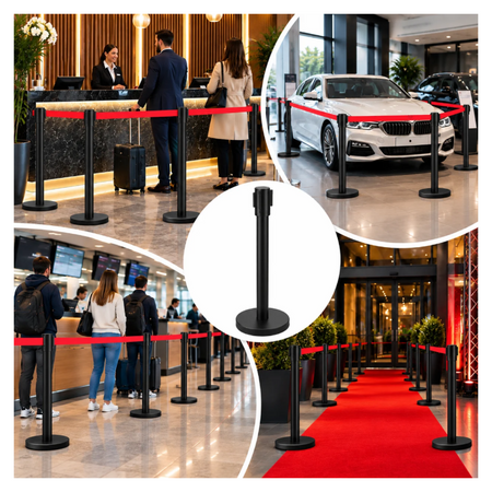 Słupek hotelowy 900 mm x 350 mm czarny z czerwoną taśmą, 2 m