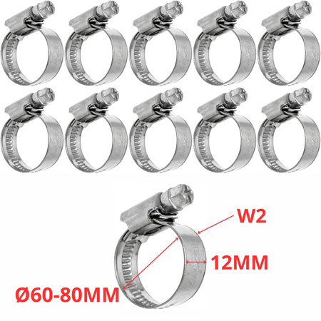 Zestaw Opaska ślimakowa W2 Ø60-80 mm, szer.12 mm 10 szt - stal nierdzewna