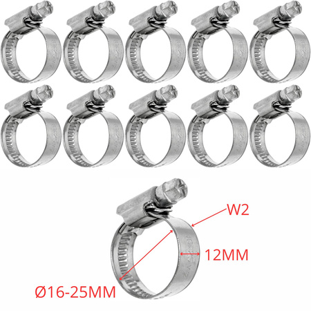 Zestaw Opaska ślimakowa W2 Ø16-25 mm, szer.12 mm 10 szt - stal nierdzewna