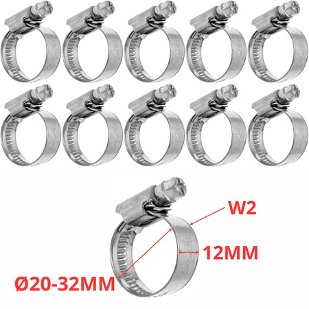 Zestaw Opaska ślimakowa W2 Ø20-32 mm, szer.12 mm 10 szt - stal nierdzewna