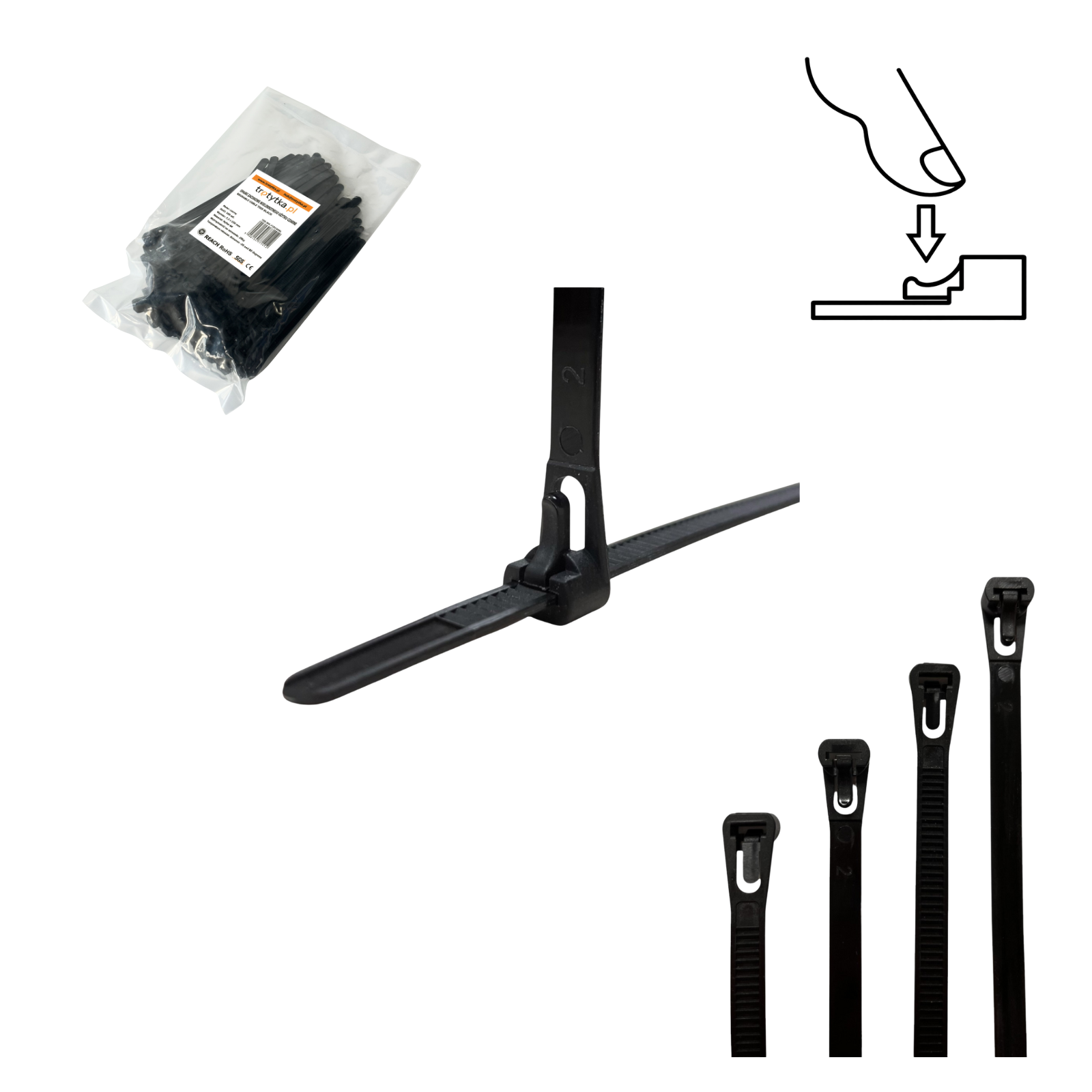 Opaski zaciskowe Opaski Kablowe WIELOKROTNEGO użytku Tretytka UV 7,2 x 150 mm, czarny 100 szt.