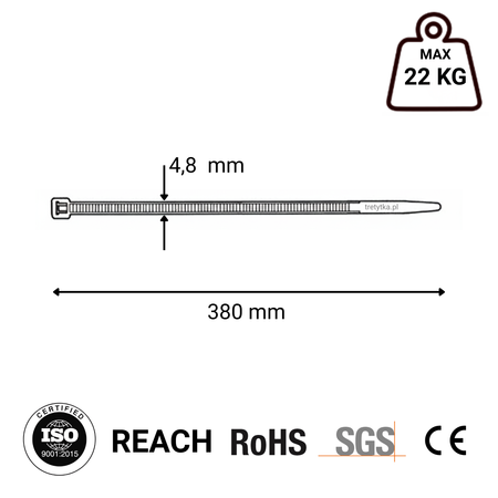 Opaski zaciskowe Opaski Kablowe Tretytki -   UV 4,8 x 380 mm, biały