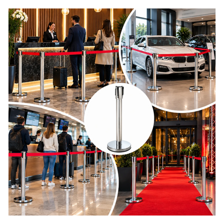Słupek hotelowy 900 mm x 350 mm srebrny z czerwoną taśmą, 2 m
