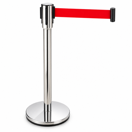 Słupek hotelowy 900 mm x 350 mm srebrny z czerwoną taśmą, 2 m