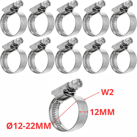 Zestaw Opaska ślimakowa W2 Ø12-22 mm, szer.12 mm 10 szt - stal nierdzewna