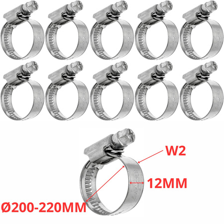 Zestaw Opaska ślimakowa W2 Ø200-220 mm, szer.12 mm 10 szt - stal nierdzewna