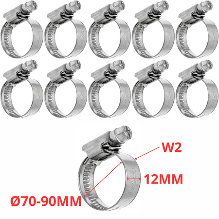 Zestaw Opaska ślimakowa W2 Ø70-90 mm, szer.12 mm 10 szt - stal nierdzewna