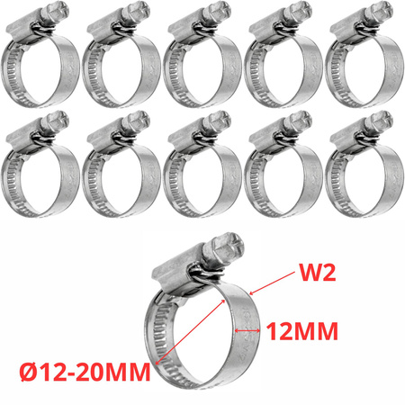 Zestaw Opaska ślimakowa W2 Ø12-20 mm, szer.12 mm 10 szt - stal nierdzewna