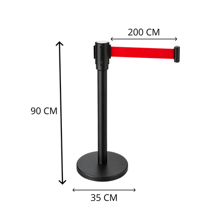 Słupek hotelowy 900 mm x 350 mm czarny z czerwoną taśmą, 2 m