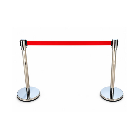 Słupek hotelowy 900 mm x 350 mm srebrny z czerwoną taśmą, 2 m