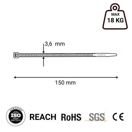 Opaski zaciskowe Opaski kablowe Tretytki - UV 3,6 x 150 mm, czarny